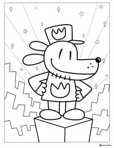 Dog Man Coloring Page on a pedestal in city