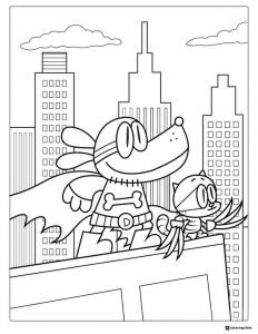 Dog Man and Cat Kid on a city building coloring page