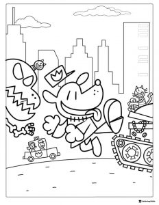 Dog Man and villains in city coloring page