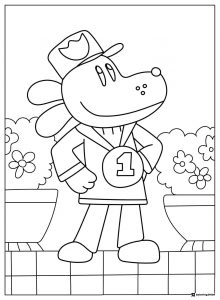 Dog Man with medal in garden coloring page