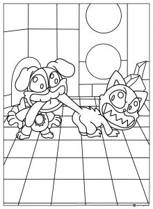 Dogday and Catnap fighting on tiled floor Coloring Page
