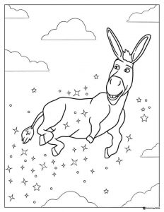 Donkey Flying with Stars and Clouds Coloring Page