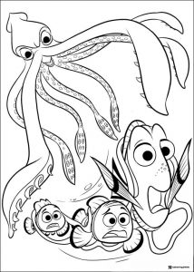 Dory Nemo and Marlin scared by squid coloring page