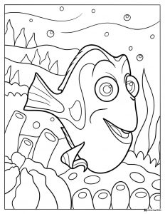 Dory smiling with coral and bubbles coloring page