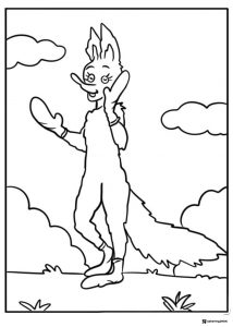 Dr. Seuss style female fox coloring page with clouds