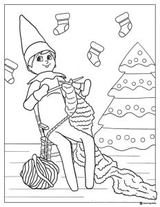 Elf Knitting Coloring Page with Christmas Tree and Stockings