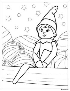 Elf Sitting on a Ledge Coloring Page with Candy