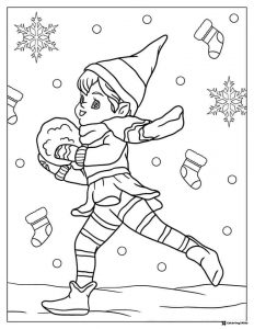 Elf Throwing Snowball Coloring Page with Stockings and Snowflakes