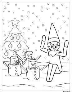 Elf and Marshmallow Snowmen Coloring Page with Christmas Tree