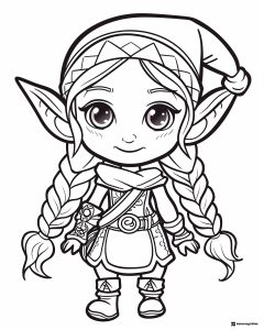 Elf girl coloring page wearing a Christmas hat