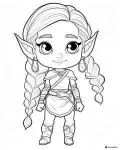 Elf girl coloring page with braids and hoop earrings