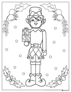 Elf with Presents Coloring Page and Holly Border