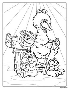 Elmo Big Bird and Oscar Reading Coloring Page