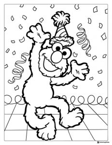 Elmo Coloring Page Dancing with Party Hat and Confetti