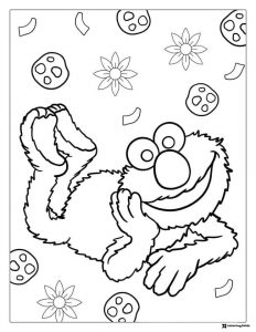 Elmo Coloring Page Lying Down with Cookies and Flowers