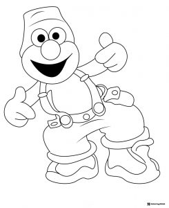 Elmo Coloring Page in overalls and hat thumbs up