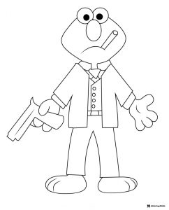 Elmo Coloring Page in suit holding a gun