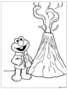 Elmo Coloring Page standing next to a volcano