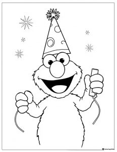 Elmo Coloring Page with a party hat and noisemakers