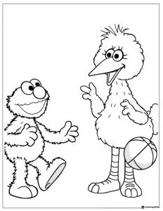 Elmo and Big Bird playing basketball coloring page