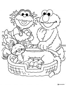 Elmo and Zoe Coloring Page with cat and kittens in a basket