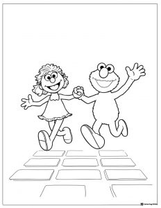 Elmo and Zoe skipping on blocks coloring page