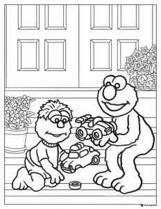 Elmo and baby Elmo Coloring Page playing with toy cars