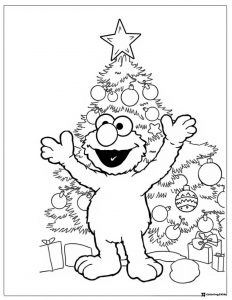Elmo by a Christmas tree coloring page