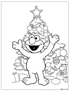 Elmo in front of Christmas tree coloring page