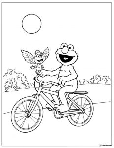 Elmo on bicycle with bird coloring page