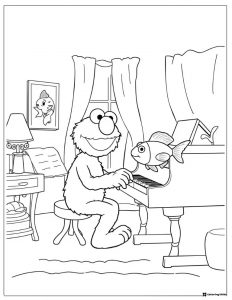 Elmo playing piano with fish coloring sheet