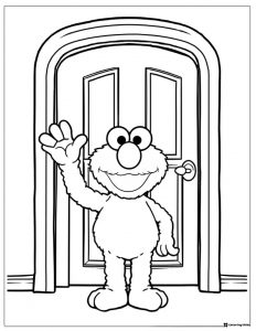 Elmo waving in front of a door coloring page