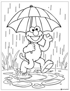 Elmo with an umbrella in the rain coloring page