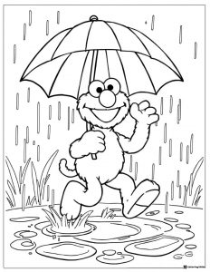Elmo with umbrella in rain coloring sheet