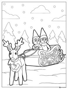 Elves in Sleigh Pulled by Reindeer Coloring Page