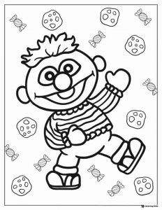 Ernie surrounded by cookies and candy coloring sheet