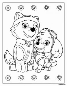 Everest and Skye Coloring Page with Flower Border