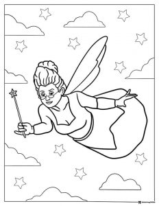 Fairy Godmother Coloring Page with Stars and Clouds