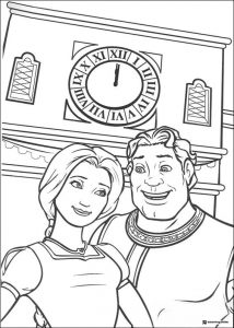 Fiona and Prince Charming under clock coloring page
