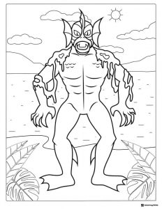Fish Monster Coloring Page by the water