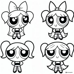 Four Powerpuff Girls poses cute Coloring Page