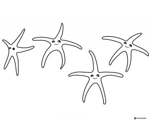 Four smiling starfish coloring page