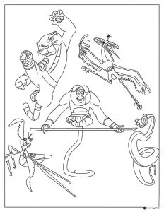 Furious Five Kung Fu Panda Coloring Page group shot