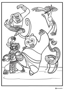 Furious Five and Po in action poses coloring page