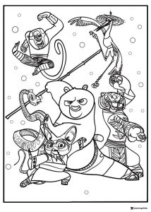 Furious Five and Po in fighting poses coloring page