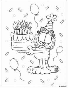 Garfield Birthday Coloring Page with Cake and Balloons