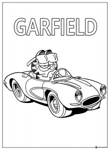 Garfield Coloring Page Driving Car with Title
