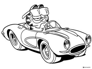 Garfield Coloring Page driving a vintage convertible car