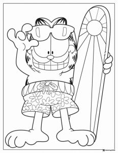 Garfield Coloring Page wearing sunglasses and holding a surfboard