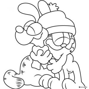 Garfield Coloring Page wearing winter hat and scarf with Odie